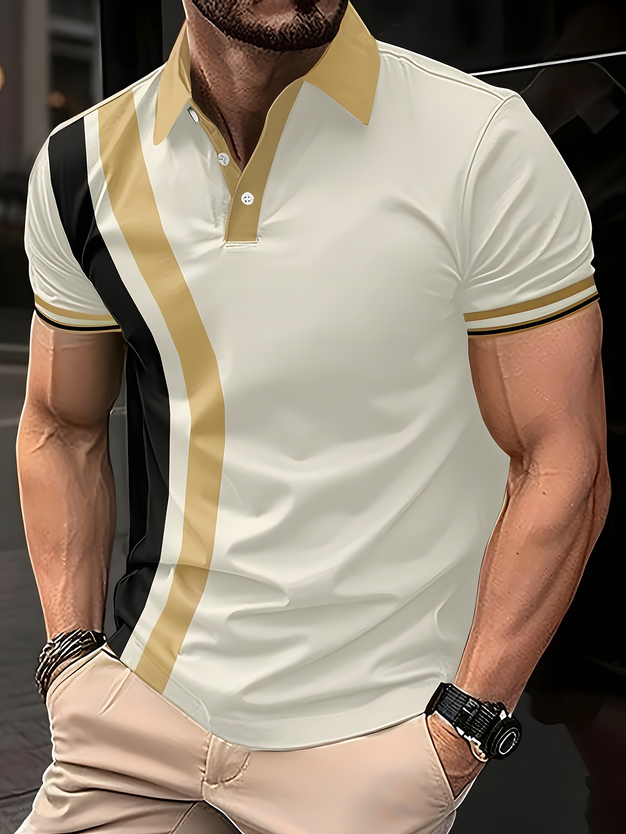 Men's Short Sleeve Zip up POLO Shirt Top Outdoor Athleisure Fabric with Digital Print for Golf